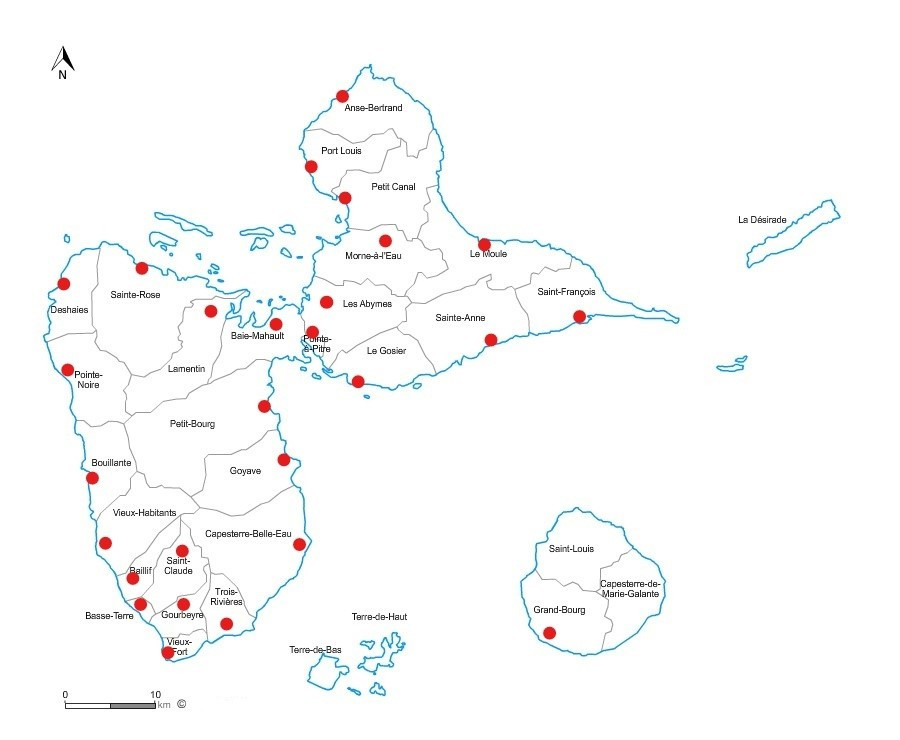 Carte des cimetières de Guadeloupe