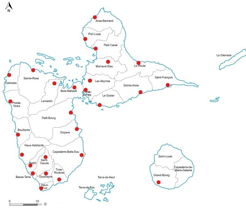 Carte des villes et communes de Guadeloupe